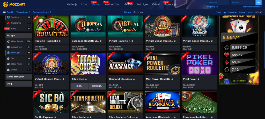Mozzart Casino Table Games