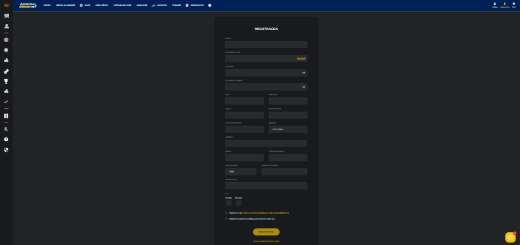 Admiralbet Registration process